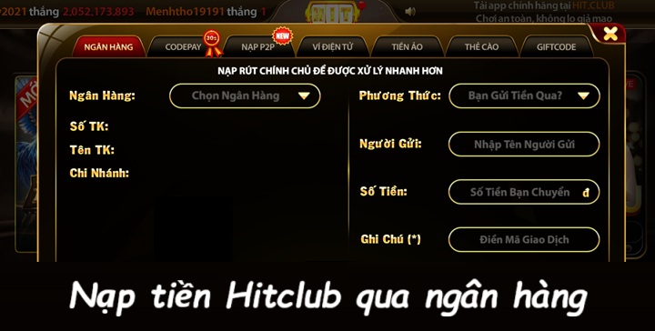 Hướng dẫn nạp tiền Hitclub qua 7 phương thức